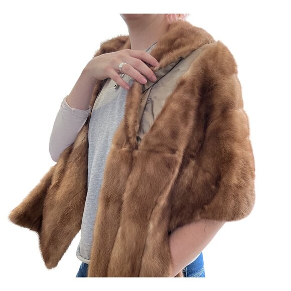 Vintage 1960s Genuine Mink Fur Stole W Side Pockets & Open Drape Front Design - Picture 6 of 9